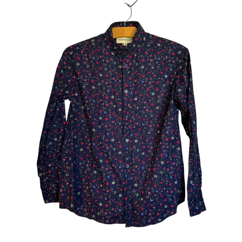 Dapper Boi Essential Long Sleeve Button-Up Shirt Pocket Blue Floral Top Size XS